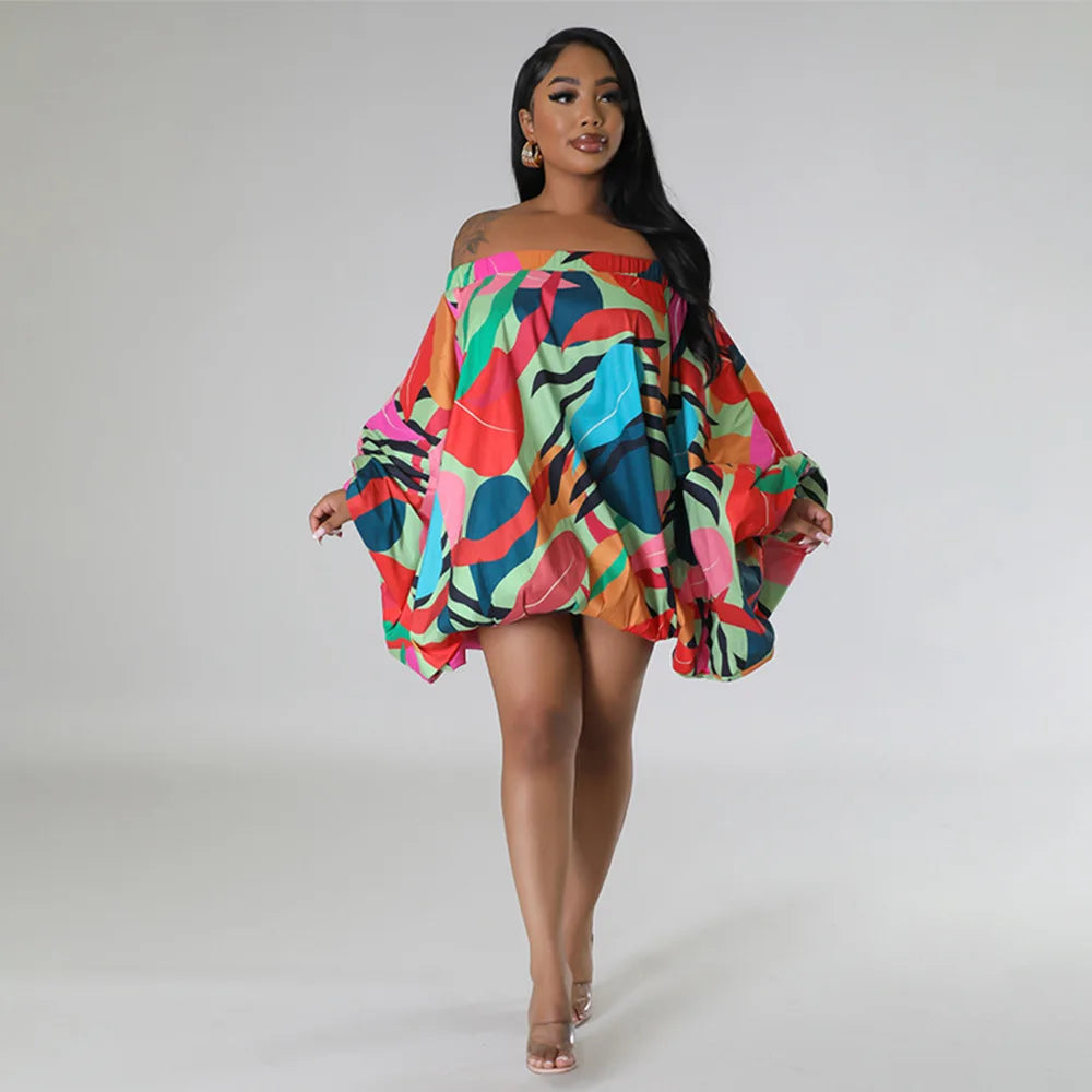 Summer African Fashion Stretch Off Shoulder Slash Neck Lantern Long Sleeve Print Gown African Clothes African Dresses for Women