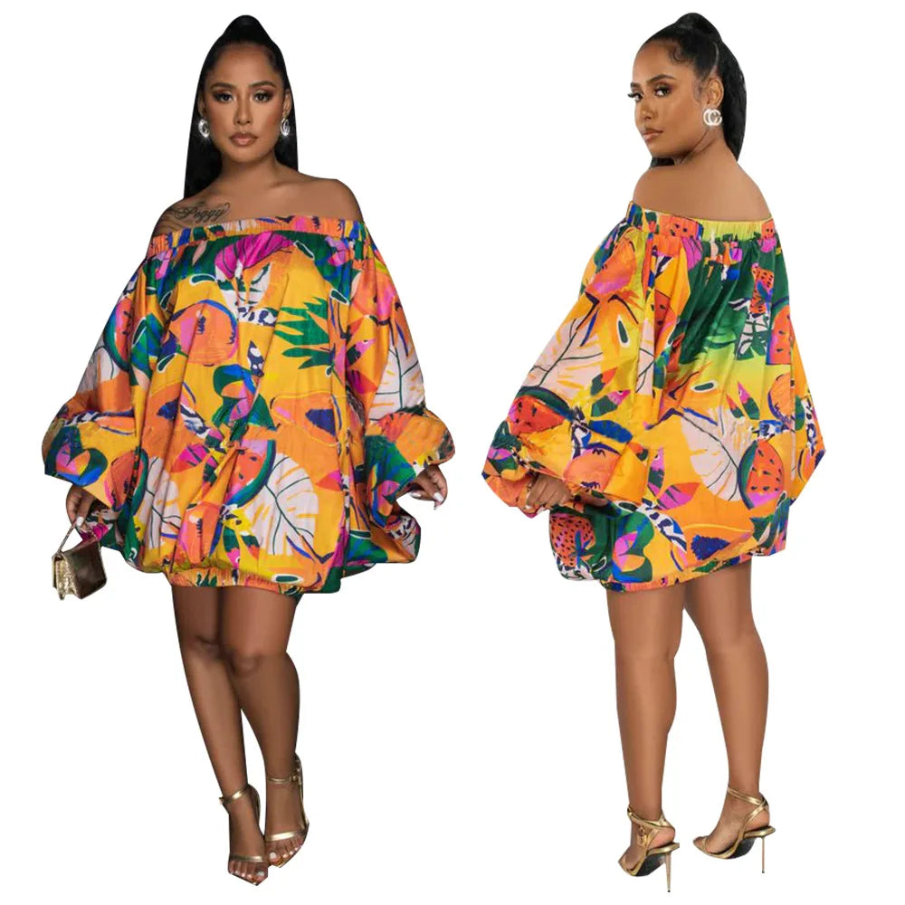 Summer African Fashion Stretch Off Shoulder Slash Neck Lantern Long Sleeve Print Gown African Clothes African Dresses for Women