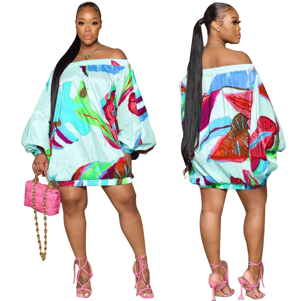 Summer African Fashion Stretch Off Shoulder Slash Neck Lantern Long Sleeve Print Gown African Clothes African Dresses for Women