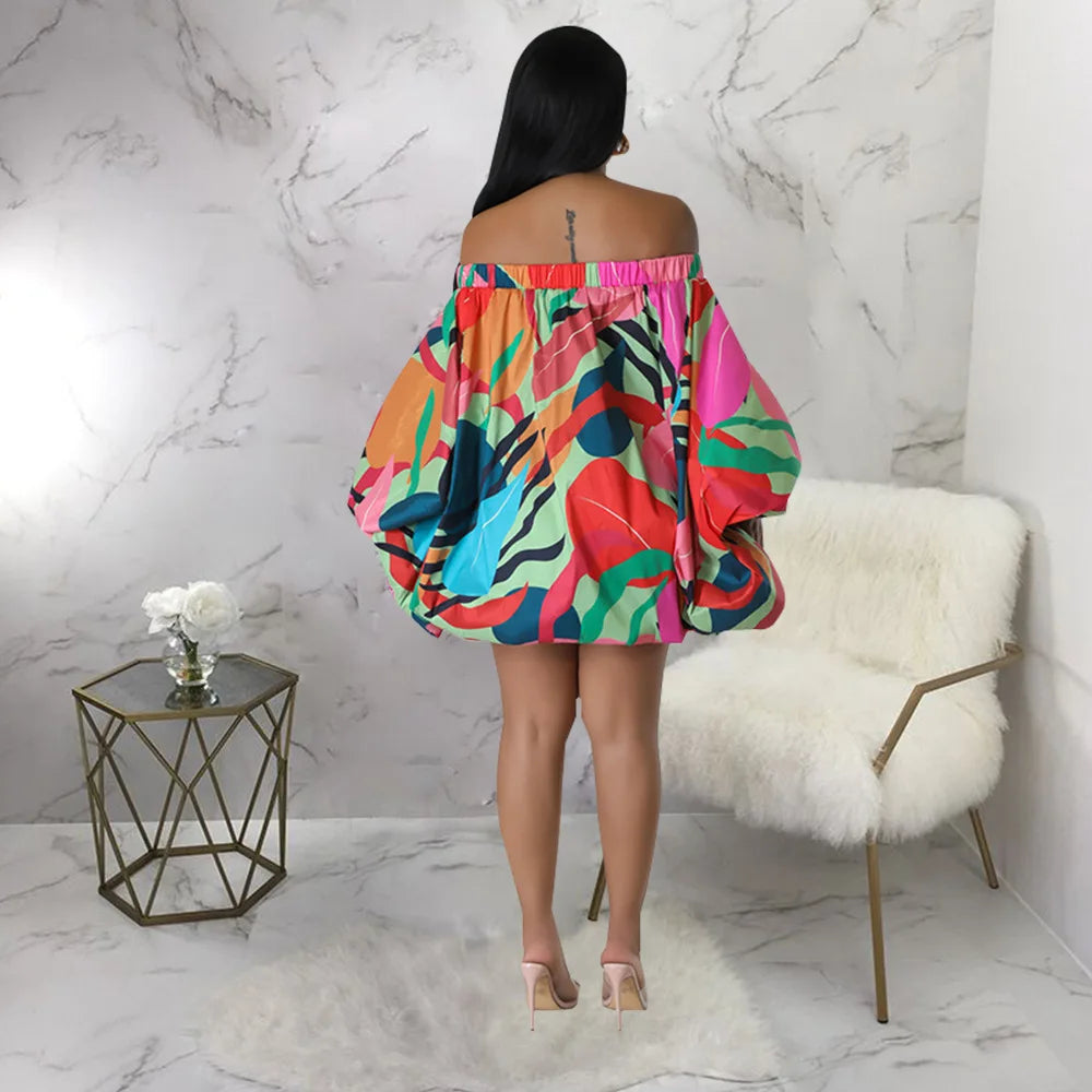 Summer African Fashion Stretch Off Shoulder Slash Neck Lantern Long Sleeve Print Gown African Clothes African Dresses for Women