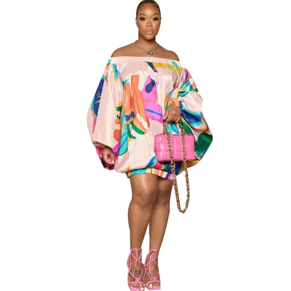 Summer African Fashion Stretch Off Shoulder Slash Neck Lantern Long Sleeve Print Gown African Clothes African Dresses for Women