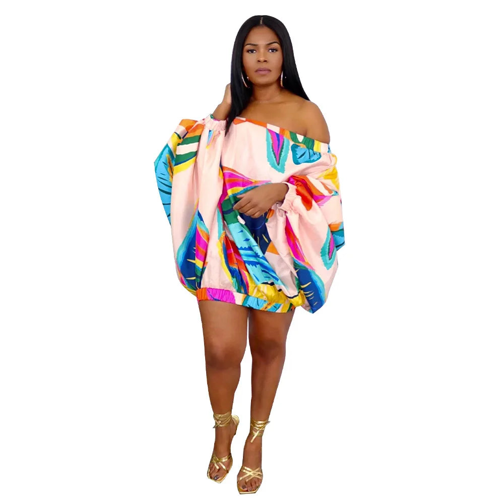 Summer African Fashion Stretch Off Shoulder Slash Neck Lantern Long Sleeve Print Gown African Clothes African Dresses for Women