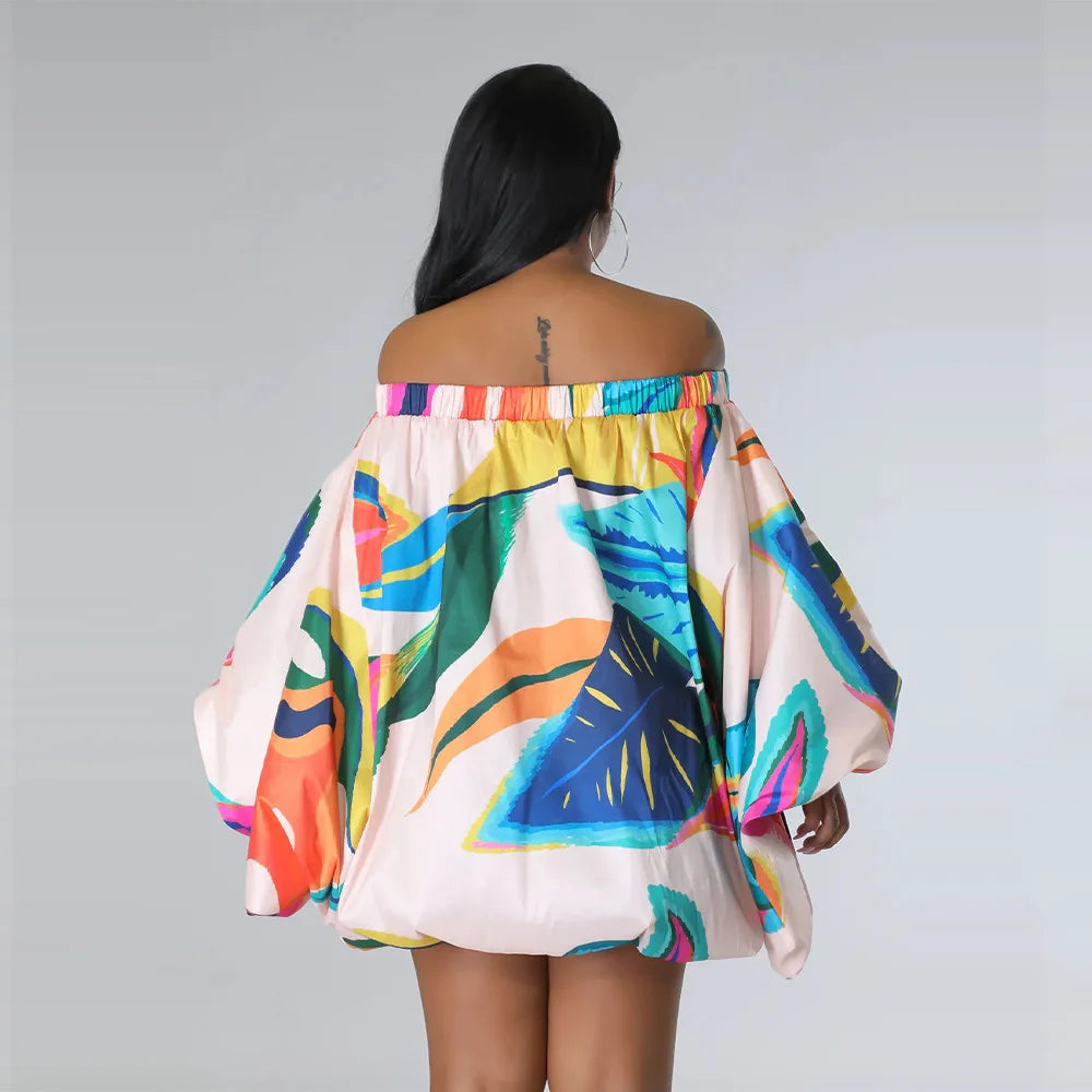 Summer African Fashion Stretch Off Shoulder Slash Neck Lantern Long Sleeve Print Gown African Clothes African Dresses for Women