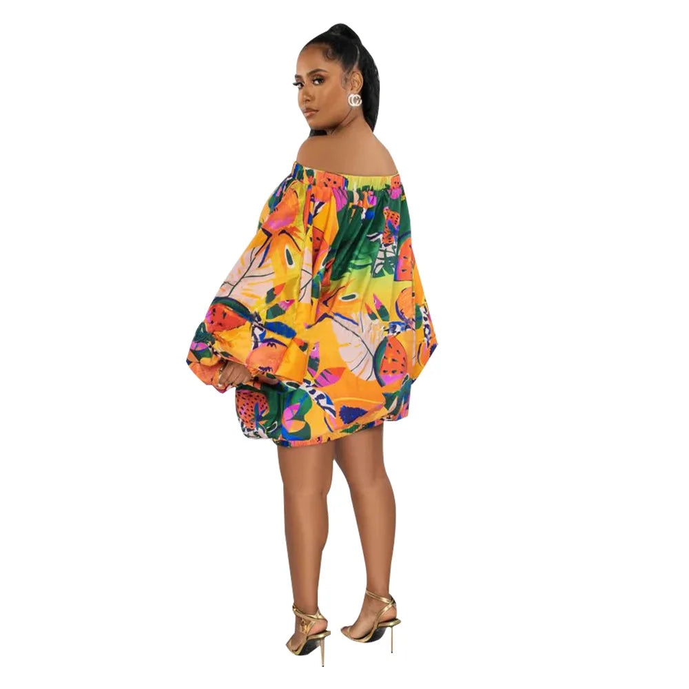 Summer African Fashion Stretch Off Shoulder Slash Neck Lantern Long Sleeve Print Gown African Clothes African Dresses for Women