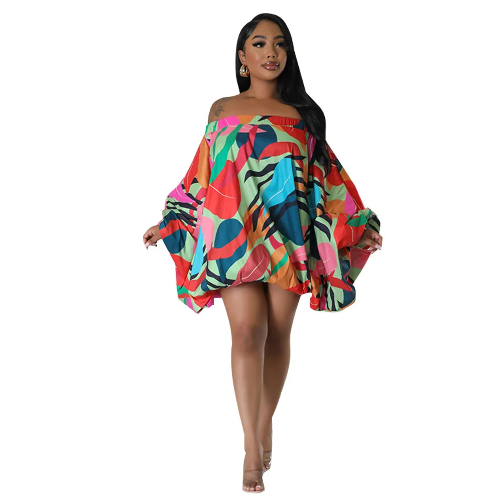 Summer African Fashion Stretch Off Shoulder Slash Neck Lantern Long Sleeve Print Gown African Clothes African Dresses for Women