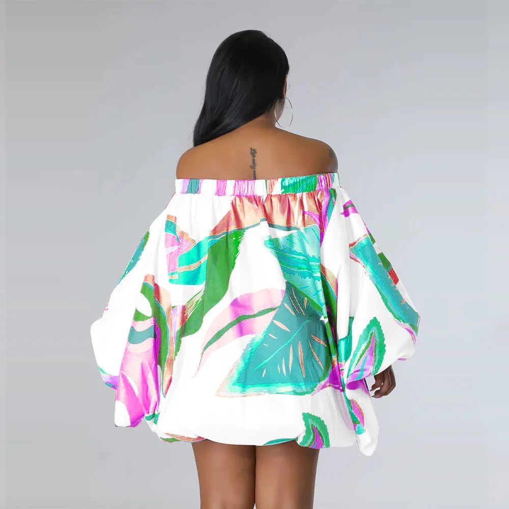 Summer African Fashion Stretch Off Shoulder Slash Neck Lantern Long Sleeve Print Gown African Clothes African Dresses for Women