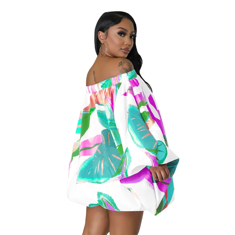 Summer African Fashion Stretch Off Shoulder Slash Neck Lantern Long Sleeve Print Gown African Clothes African Dresses for Women