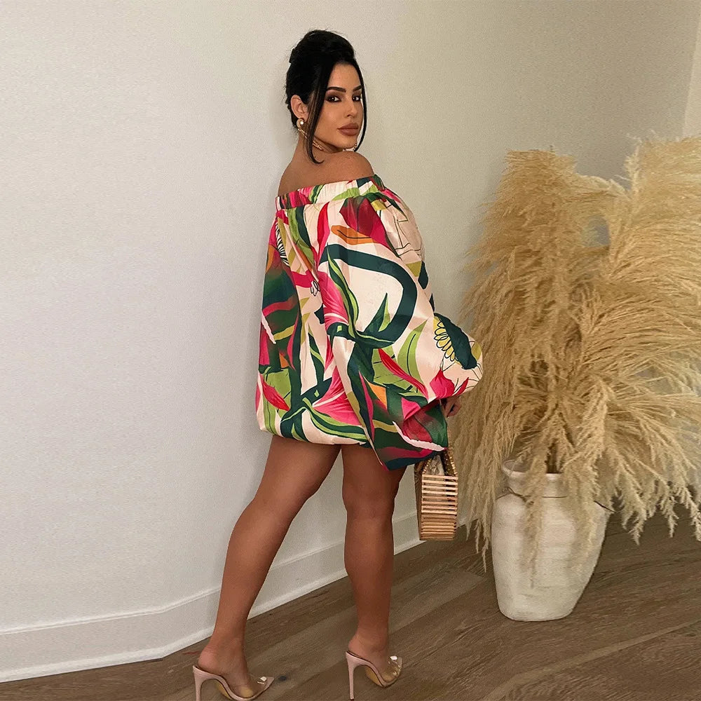 Summer African Fashion Stretch Off Shoulder Slash Neck Lantern Long Sleeve Print Gown African Clothes African Dresses for Women