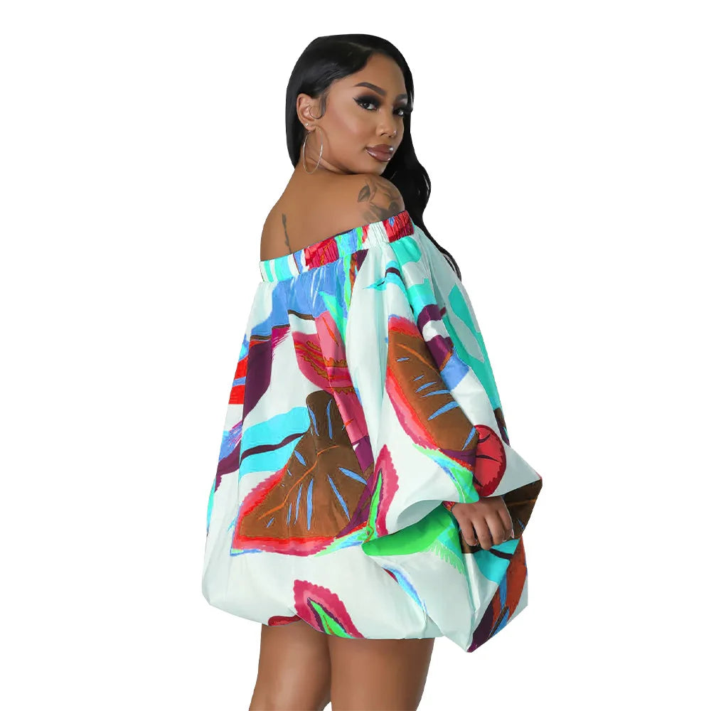 Summer African Fashion Stretch Off Shoulder Slash Neck Lantern Long Sleeve Print Gown African Clothes African Dresses for Women