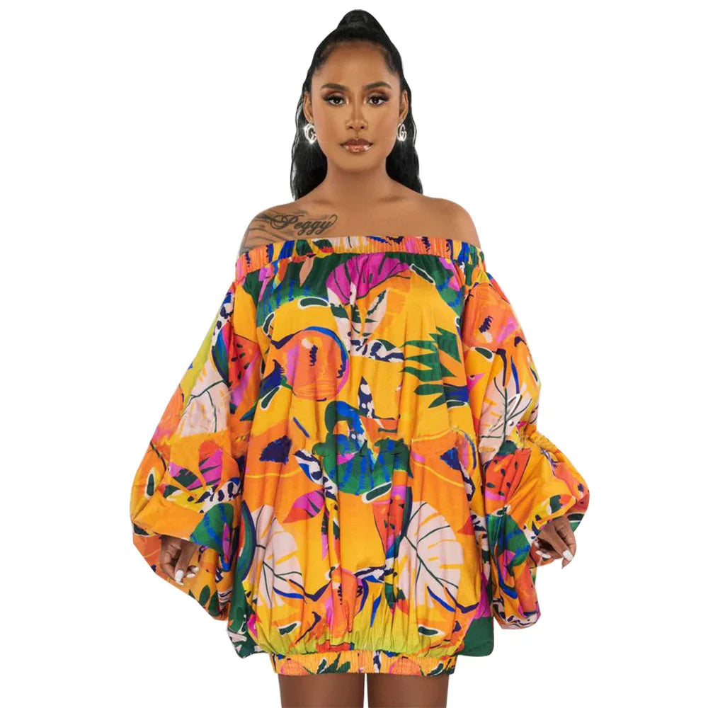 Summer African Fashion Stretch Off Shoulder Slash Neck Lantern Long Sleeve Print Gown African Clothes African Dresses for Women