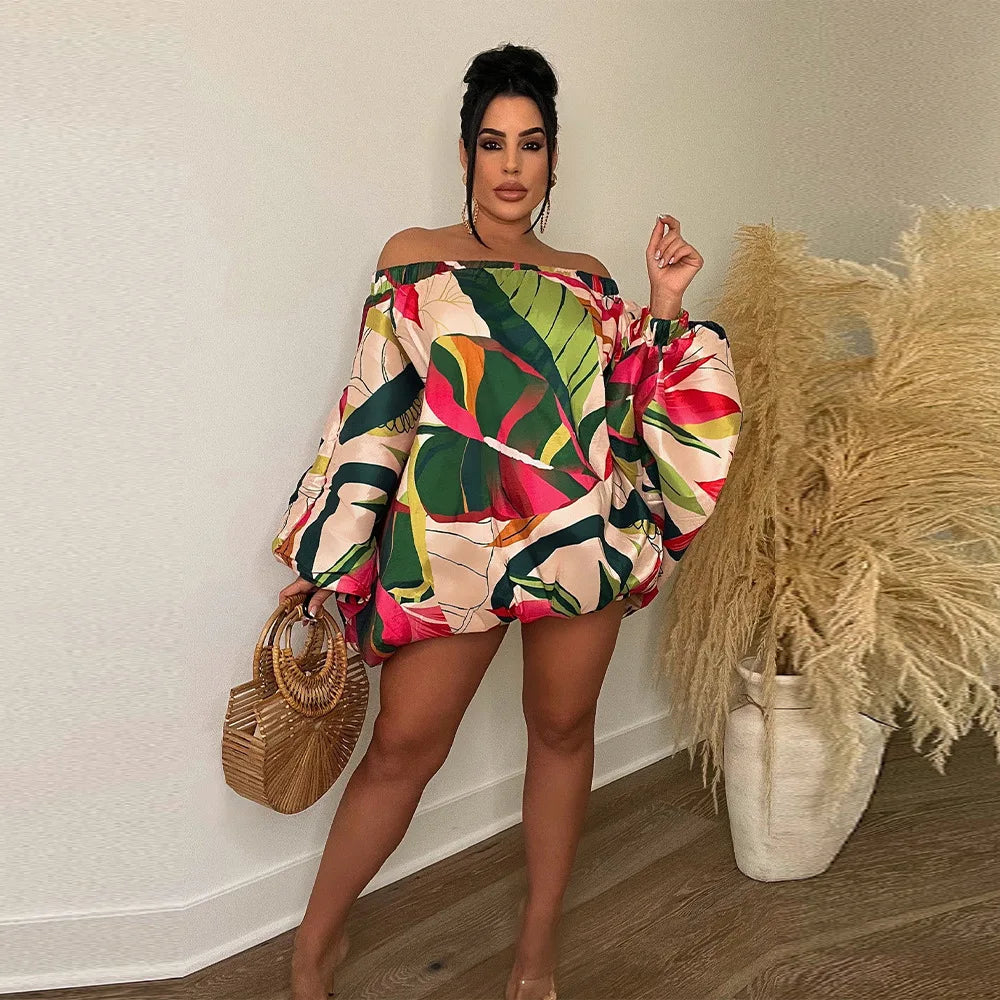 Summer African Fashion Stretch Off Shoulder Slash Neck Lantern Long Sleeve Print Gown African Clothes African Dresses for Women