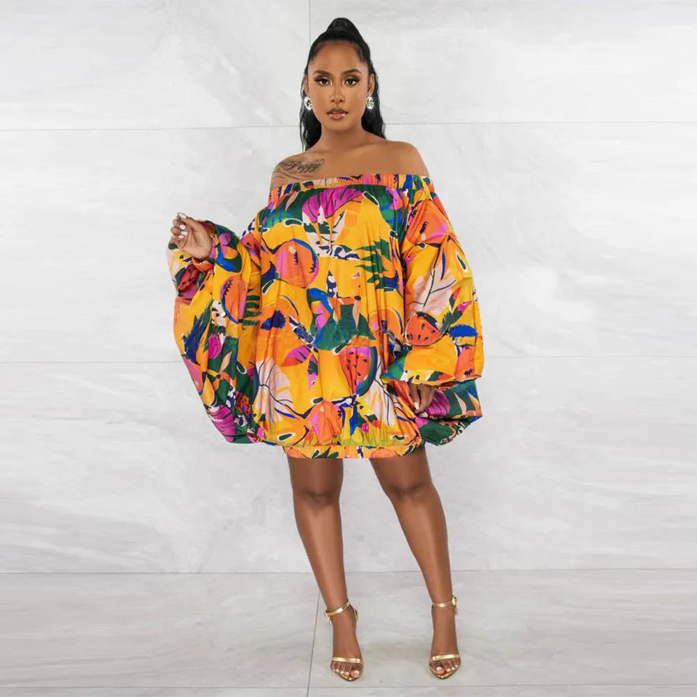 Summer African Fashion Stretch Off Shoulder Slash Neck Lantern Long Sleeve Print Gown African Clothes African Dresses for Women