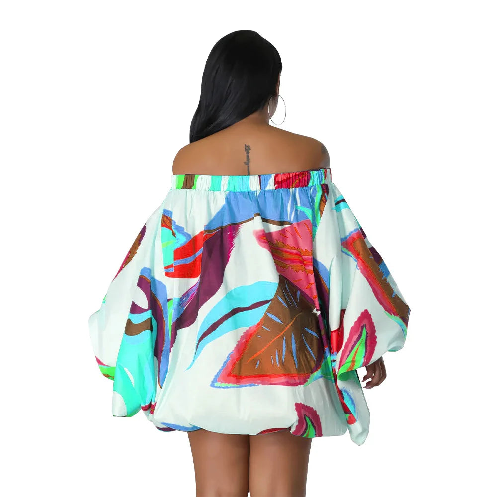 Summer African Fashion Stretch Off Shoulder Slash Neck Lantern Long Sleeve Print Gown African Clothes African Dresses for Women