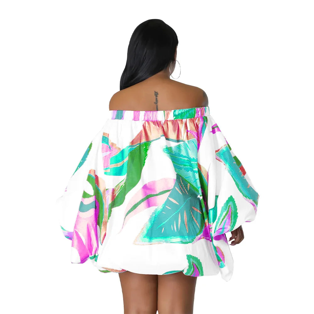 Summer African Fashion Stretch Off Shoulder Slash Neck Lantern Long Sleeve Print Gown African Clothes African Dresses for Women