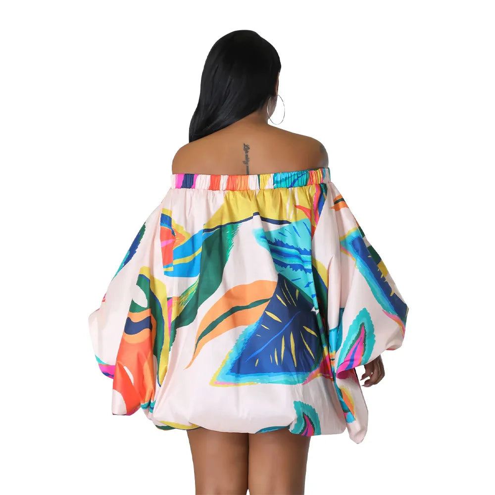 Summer African Fashion Stretch Off Shoulder Slash Neck Lantern Long Sleeve Print Gown African Clothes African Dresses for Women