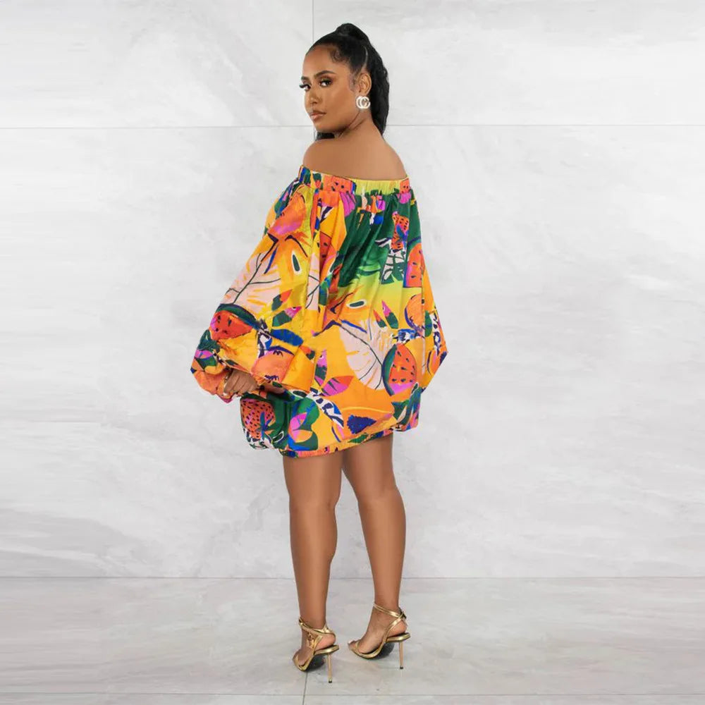 Summer African Fashion Stretch Off Shoulder Slash Neck Lantern Long Sleeve Print Gown African Clothes African Dresses for Women