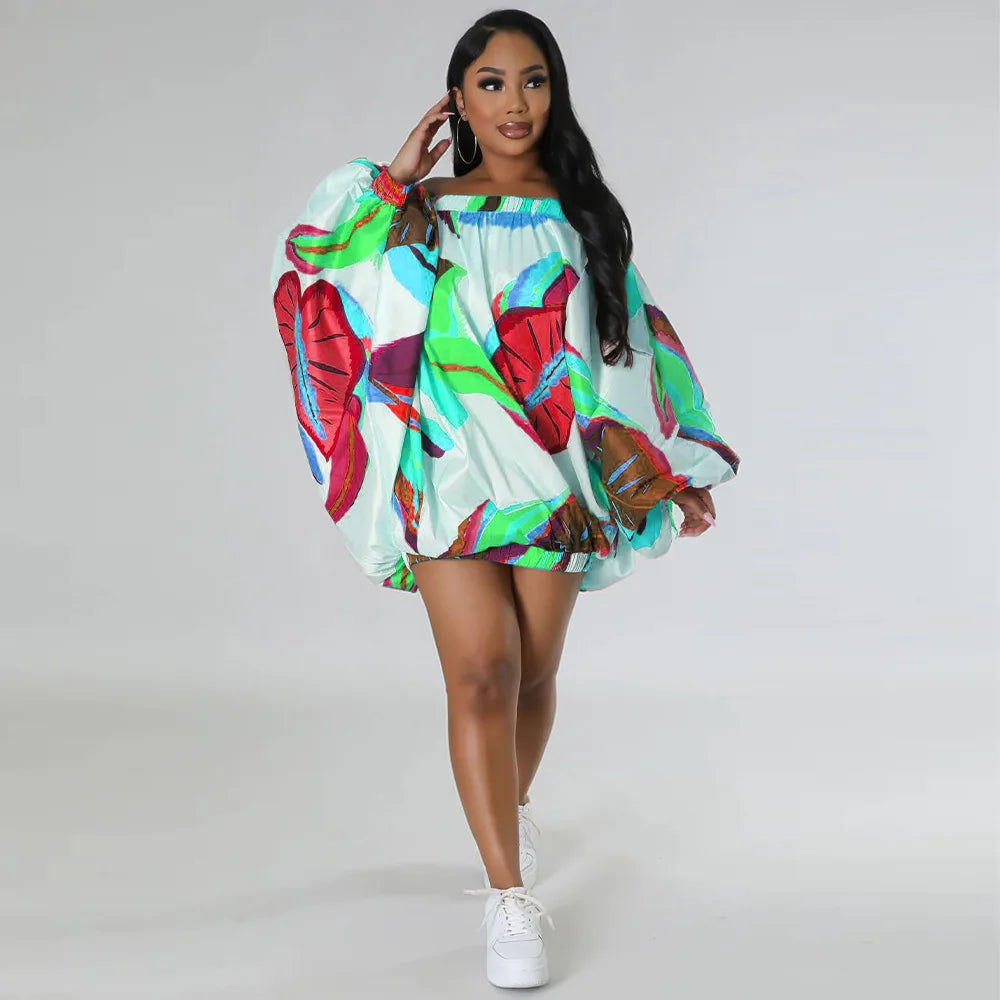 Summer African Fashion Stretch Off Shoulder Slash Neck Lantern Long Sleeve Print Gown African Clothes African Dresses for Women