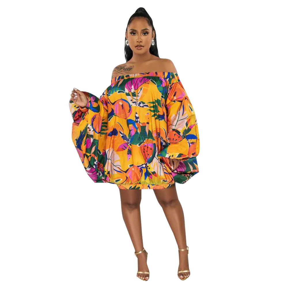 Summer African Fashion Stretch Off Shoulder Slash Neck Lantern Long Sleeve Print Gown African Clothes African Dresses for Women