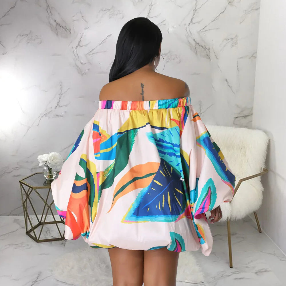 Summer African Fashion Stretch Off Shoulder Slash Neck Lantern Long Sleeve Print Gown African Clothes African Dresses for Women