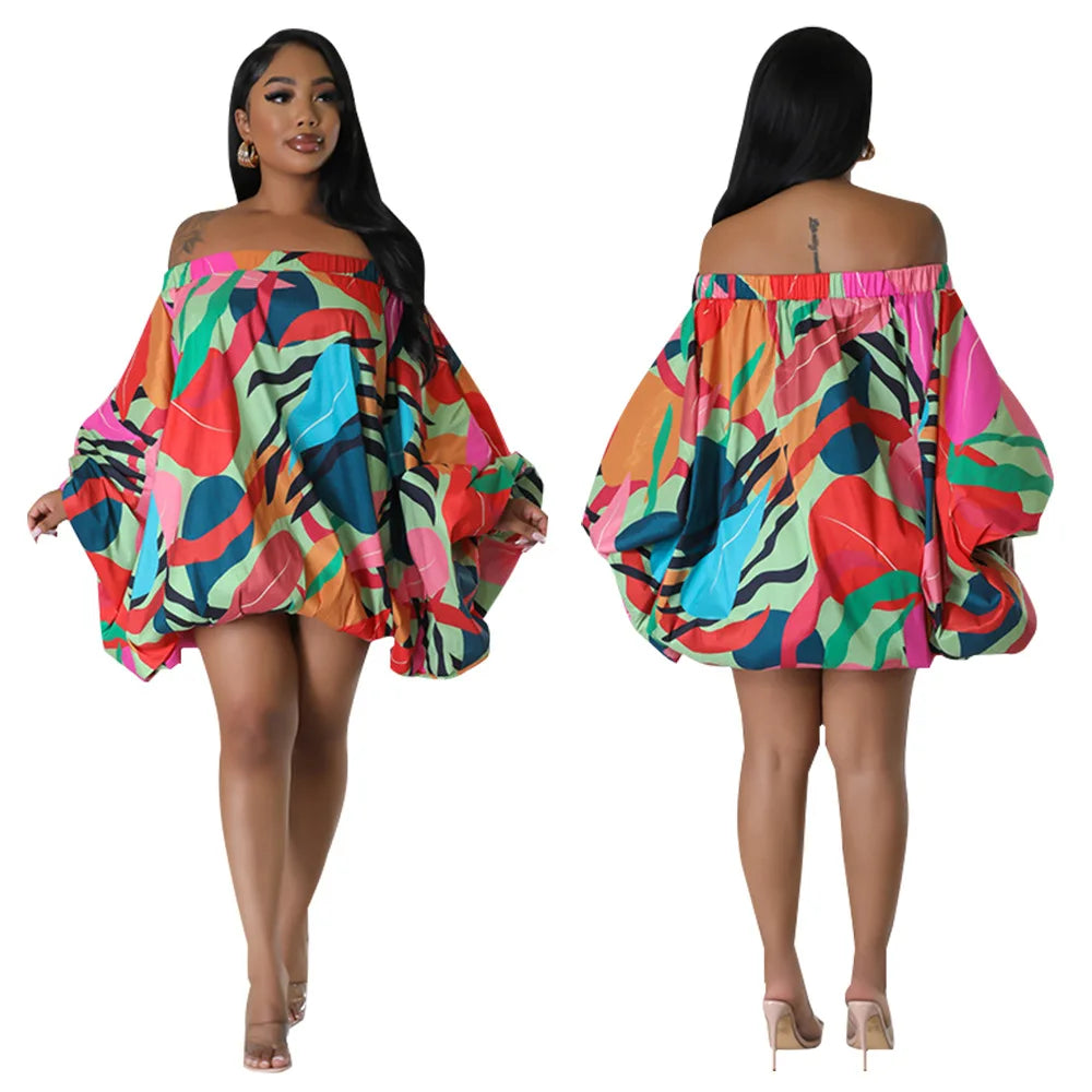 Summer African Fashion Stretch Off Shoulder Slash Neck Lantern Long Sleeve Print Gown African Clothes African Dresses for Women