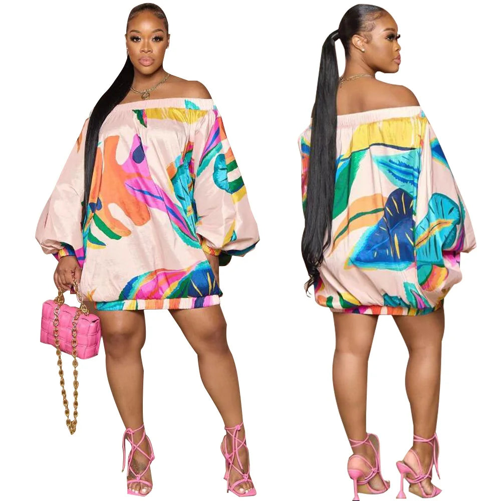 Summer African Fashion Stretch Off Shoulder Slash Neck Lantern Long Sleeve Print Gown African Clothes African Dresses for Women