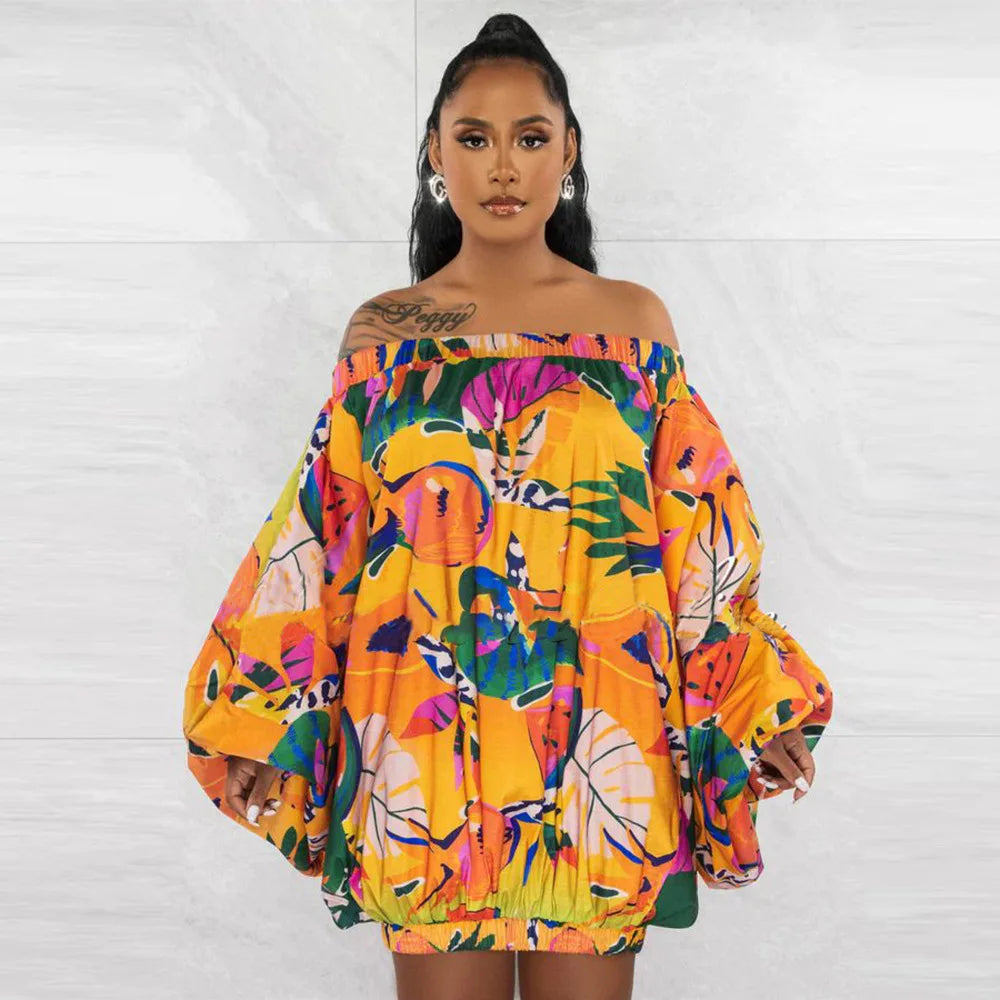 Summer African Fashion Stretch Off Shoulder Slash Neck Lantern Long Sleeve Print Gown African Clothes African Dresses for Women