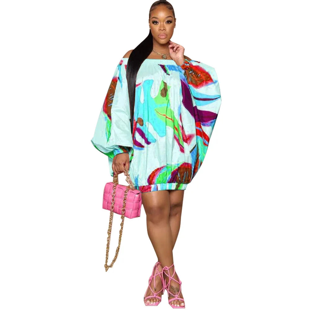 Summer African Fashion Stretch Off Shoulder Slash Neck Lantern Long Sleeve Print Gown African Clothes African Dresses for Women