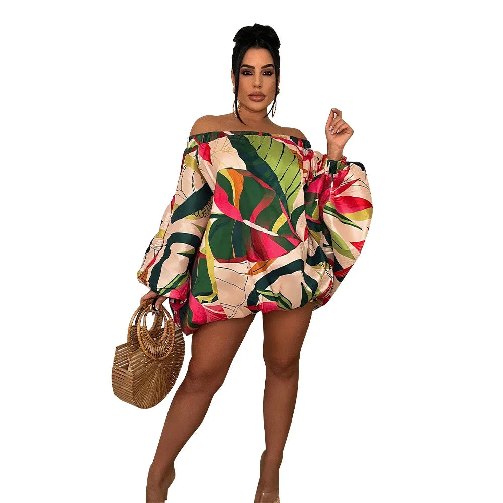 Summer African Fashion Stretch Off Shoulder Slash Neck Lantern Long Sleeve Print Gown African Clothes African Dresses for Women