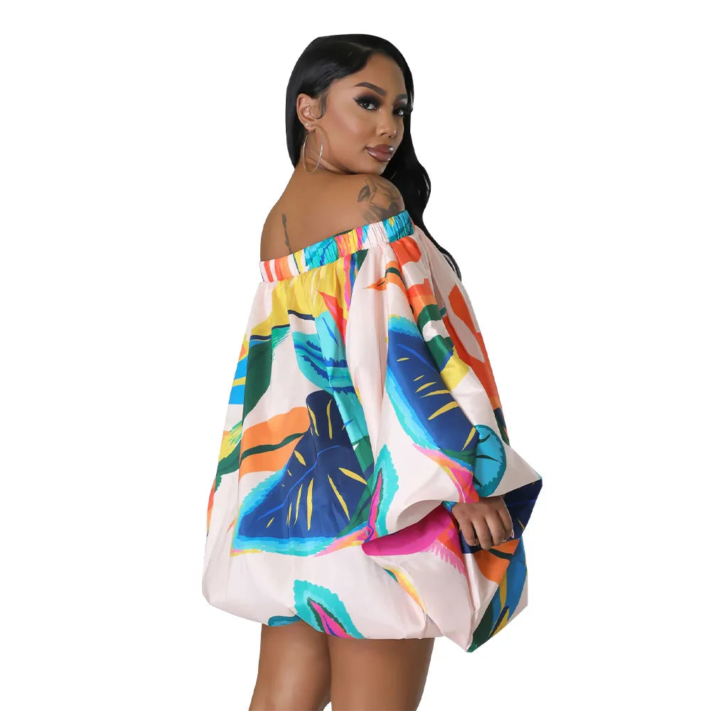 Summer African Fashion Stretch Off Shoulder Slash Neck Lantern Long Sleeve Print Gown African Clothes African Dresses for Women