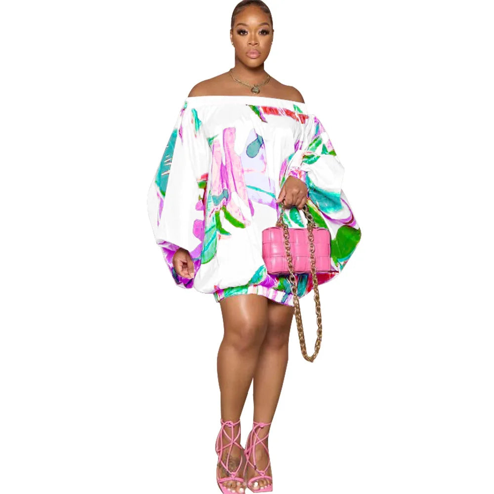 Summer African Fashion Stretch Off Shoulder Slash Neck Lantern Long Sleeve Print Gown African Clothes African Dresses for Women