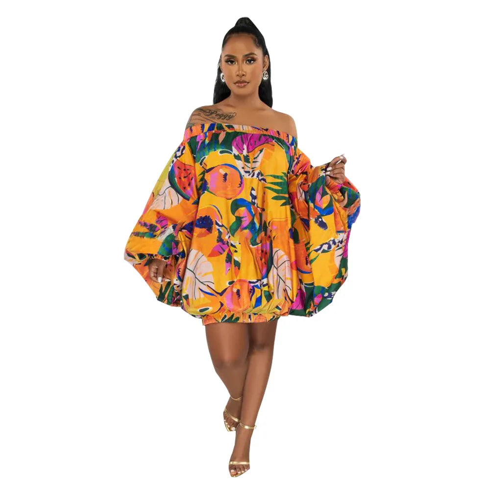 Summer African Fashion Stretch Off Shoulder Slash Neck Lantern Long Sleeve Print Gown African Clothes African Dresses for Women