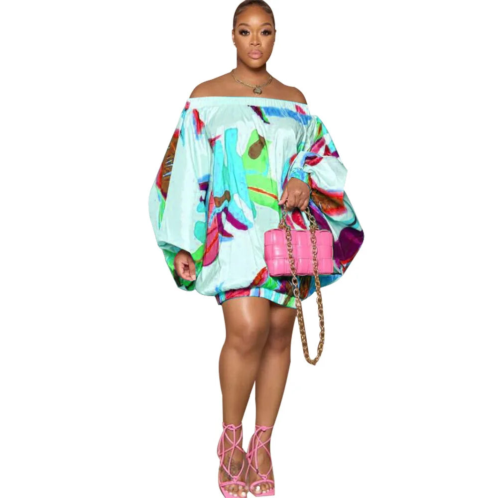 Summer African Fashion Stretch Off Shoulder Slash Neck Lantern Long Sleeve Print Gown African Clothes African Dresses for Women