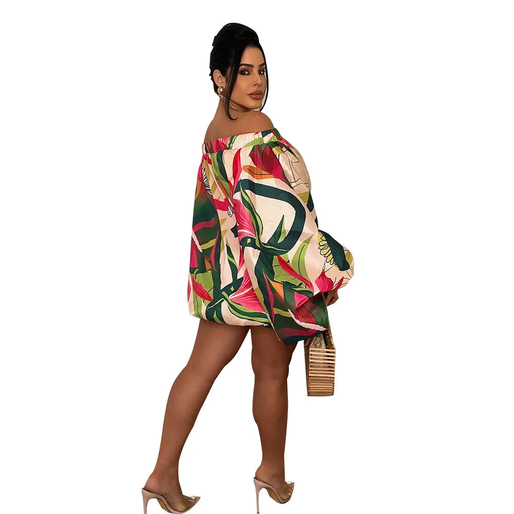 Summer African Fashion Stretch Off Shoulder Slash Neck Lantern Long Sleeve Print Gown African Clothes African Dresses for Women