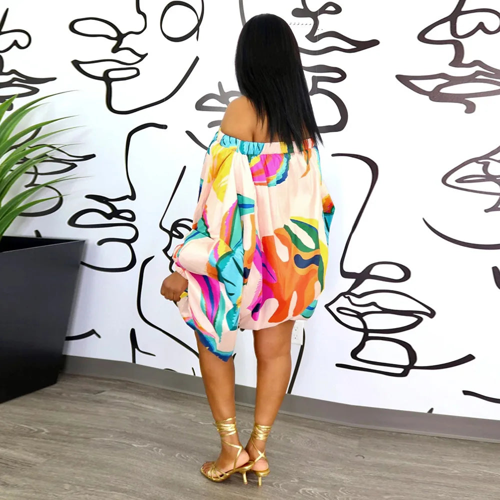 Summer African Fashion Stretch Off Shoulder Slash Neck Lantern Long Sleeve Print Gown African Clothes African Dresses for Women