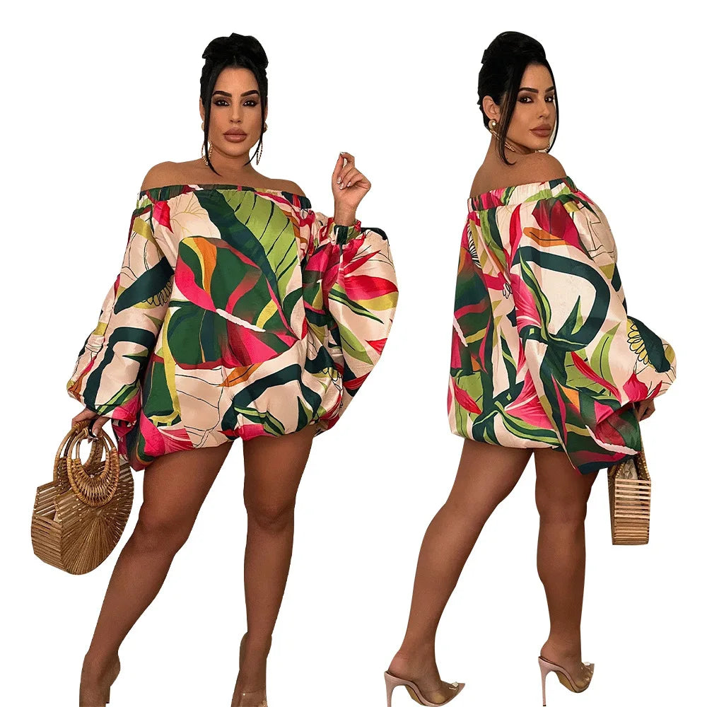 Summer African Fashion Stretch Off Shoulder Slash Neck Lantern Long Sleeve Print Gown African Clothes African Dresses for Women