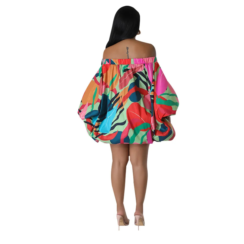 Summer African Fashion Stretch Off Shoulder Slash Neck Lantern Long Sleeve Print Gown African Clothes African Dresses for Women