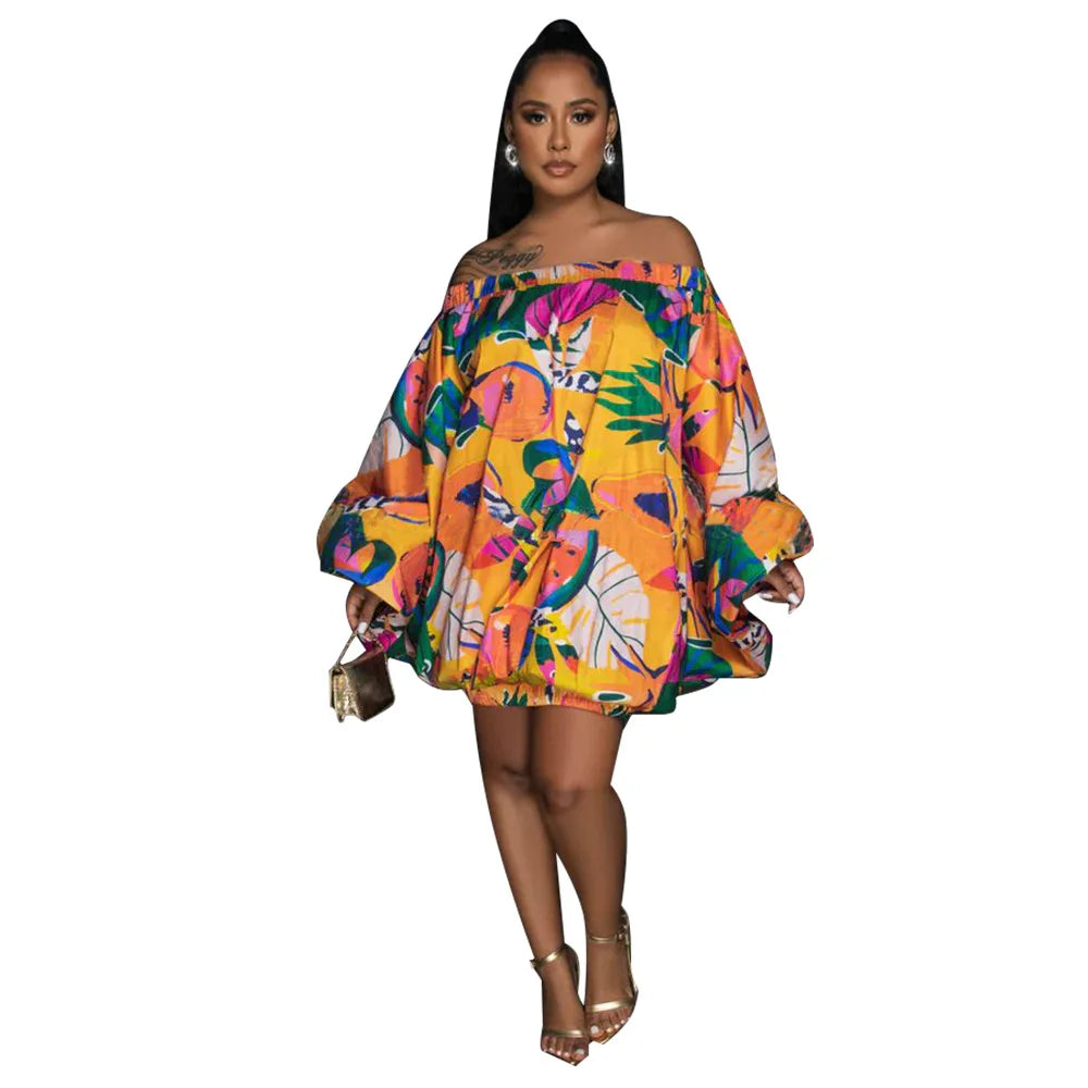 Summer African Fashion Stretch Off Shoulder Slash Neck Lantern Long Sleeve Print Gown African Clothes African Dresses for Women