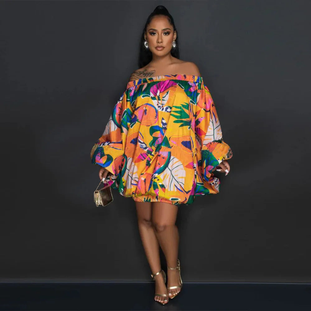 Summer African Fashion Stretch Off Shoulder Slash Neck Lantern Long Sleeve Print Gown African Clothes African Dresses for Women