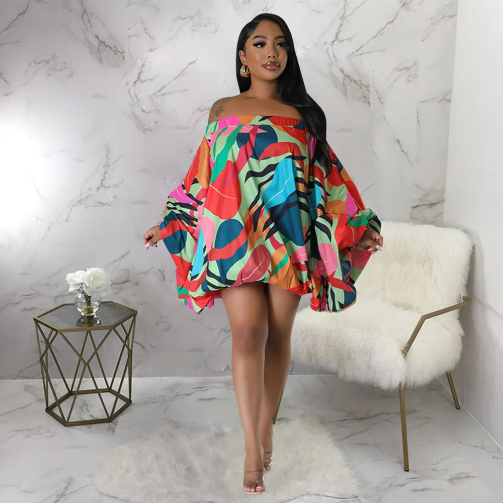 Summer African Fashion Stretch Off Shoulder Slash Neck Lantern Long Sleeve Print Gown African Clothes African Dresses for Women