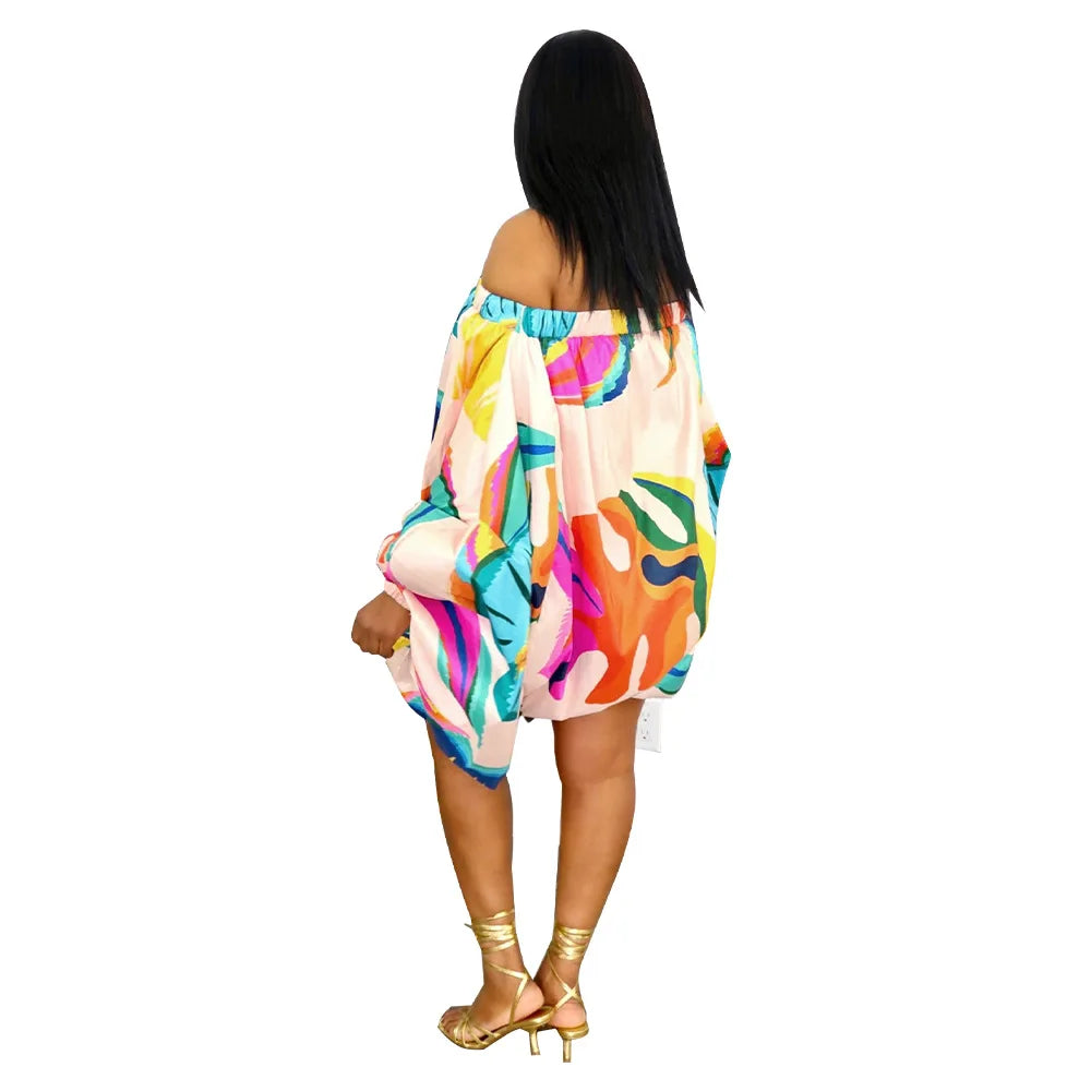 Summer African Fashion Stretch Off Shoulder Slash Neck Lantern Long Sleeve Print Gown African Clothes African Dresses for Women