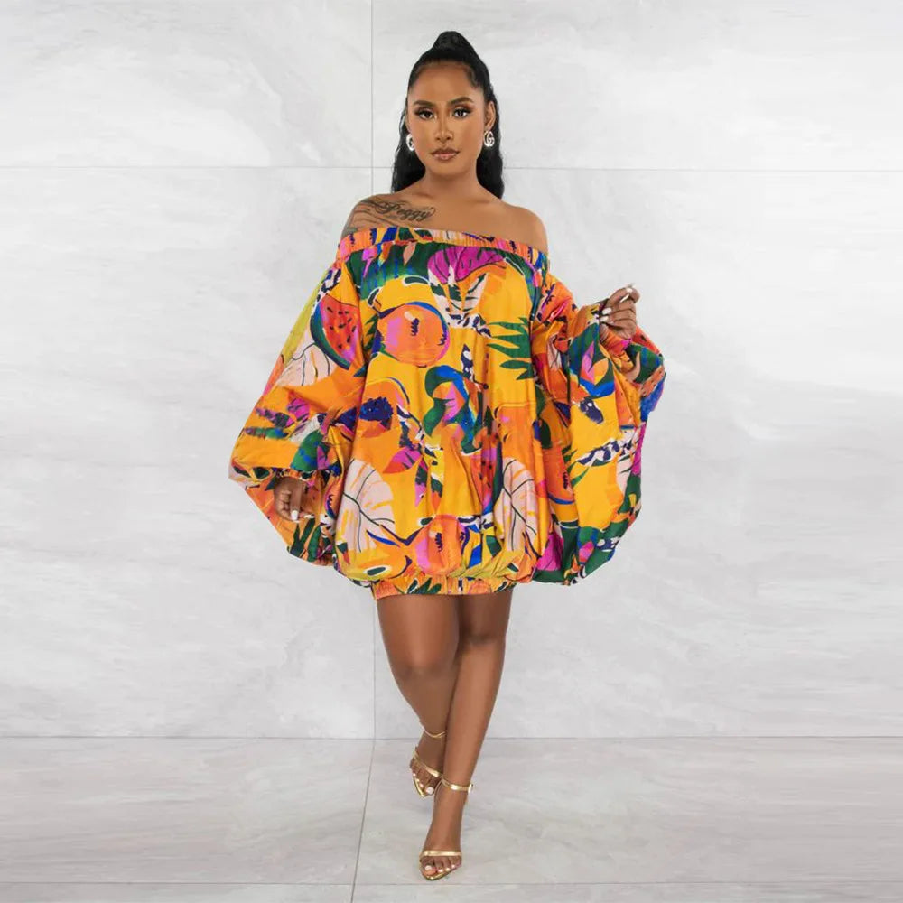 Summer African Fashion Stretch Off Shoulder Slash Neck Lantern Long Sleeve Print Gown African Clothes African Dresses for Women